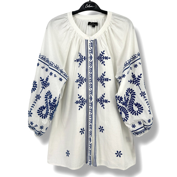 New Calessa Blue Embroidered Crew Neck 3/4 Sleeve Peasant Tunic Shirt Sz S - Picture 1 of 5